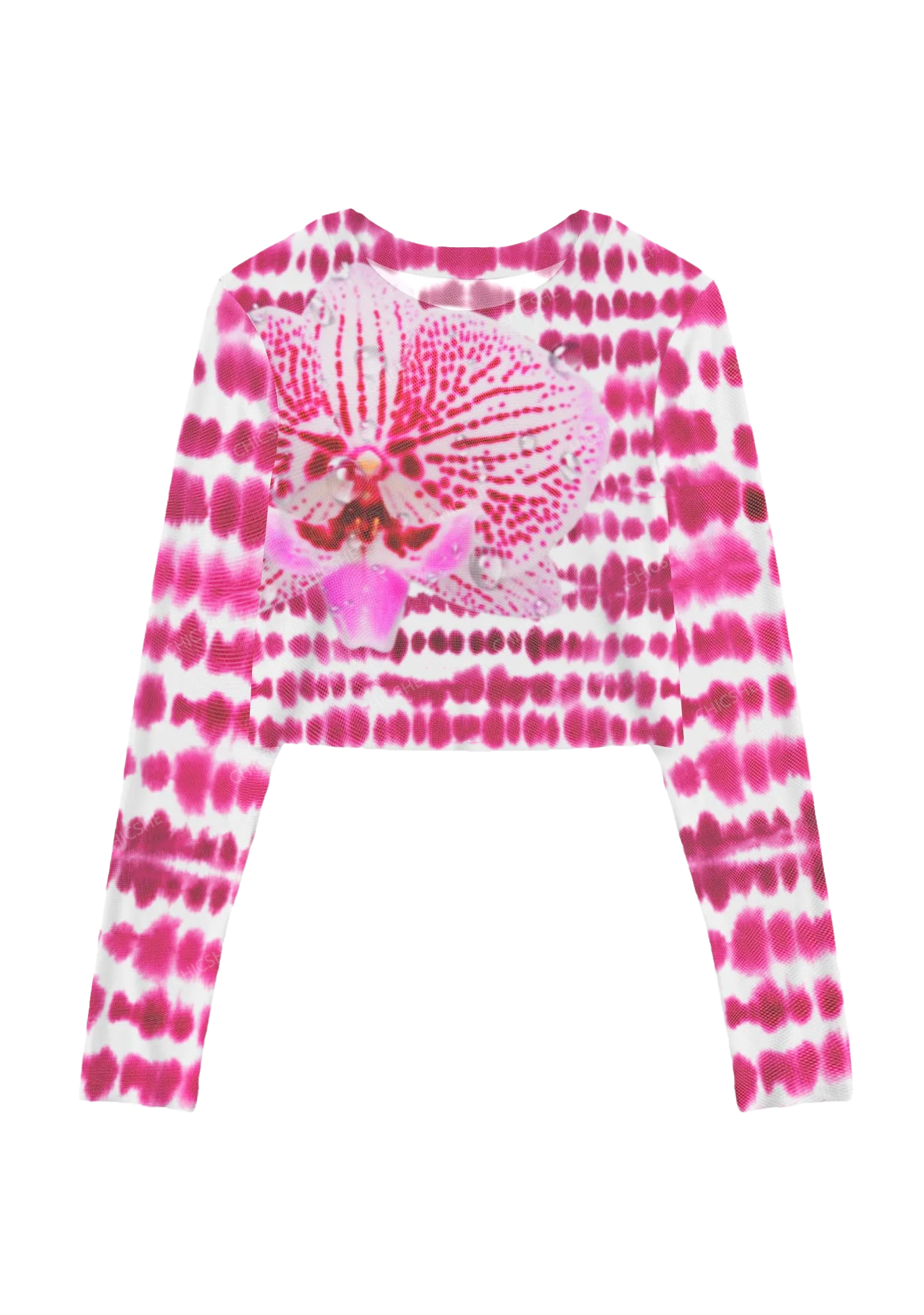  Pink Phalaenopsis Spots Y2K Mesh Long Sleeve Crop Top  Chicshe 