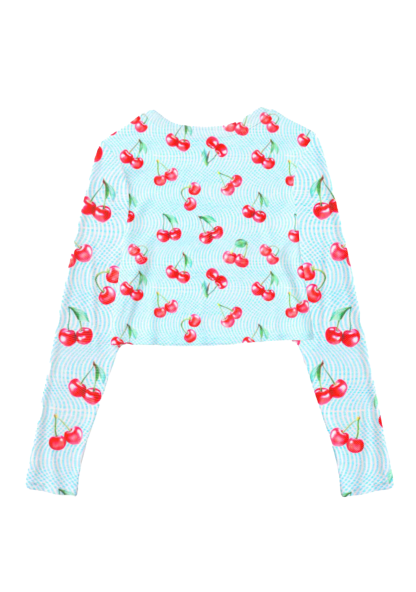 Blue Fresh Cherry Y2K Mesh Long Sleeve Crop Top  Chicshe 