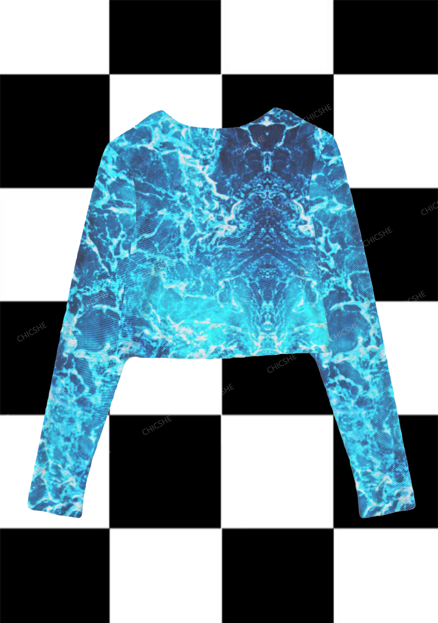 Blue Waves Y2K Mesh Long Sleeve Crop Top  Chicshe 