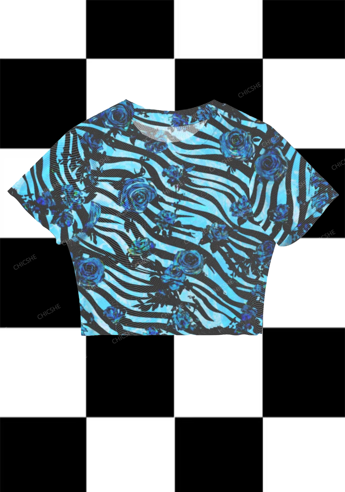 Chicshe Blue Rose Zebra Print Y2K Mesh Crop Top