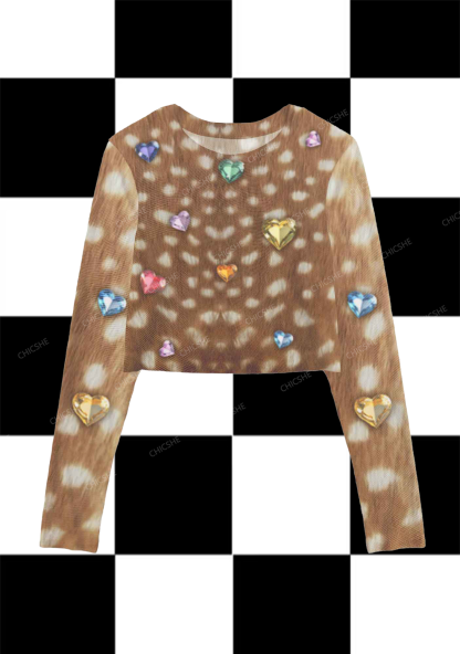 Leopard Print Gemstone Y2K Mesh Long Sleeve Crop Top Chicshe  