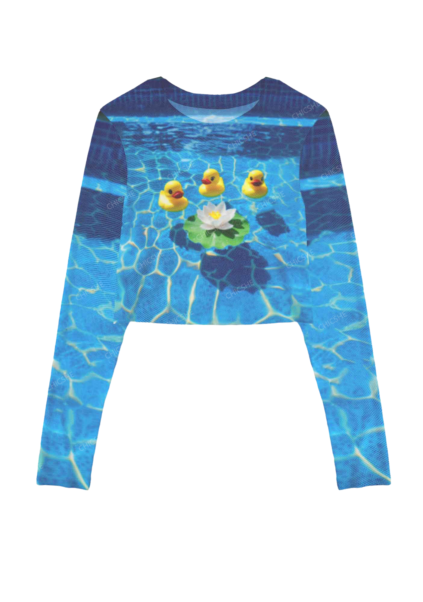 Little Duck In The Pool Y2K Mesh Long Sleeve Crop Top Chicshe  