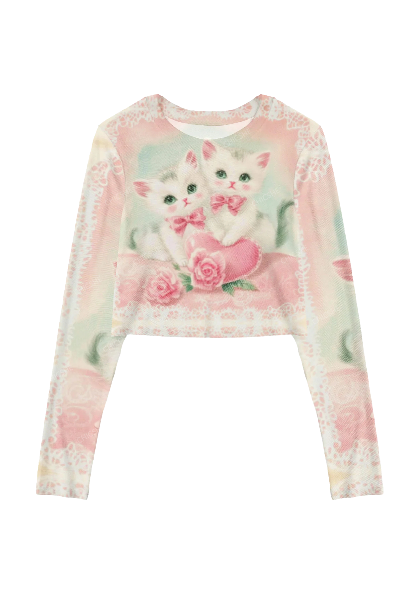 Kitten With Pink Bow Y2K Mesh Long Sleeve Crop Top Chicshe  