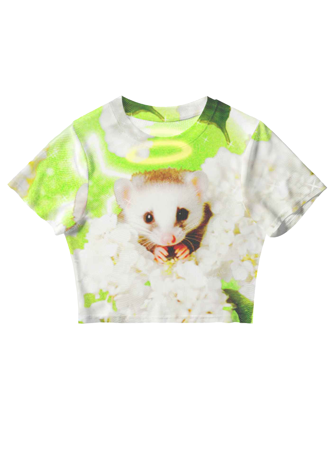 White Flowers And Angel Mice Y2K Mesh Crop Top Chicshe 