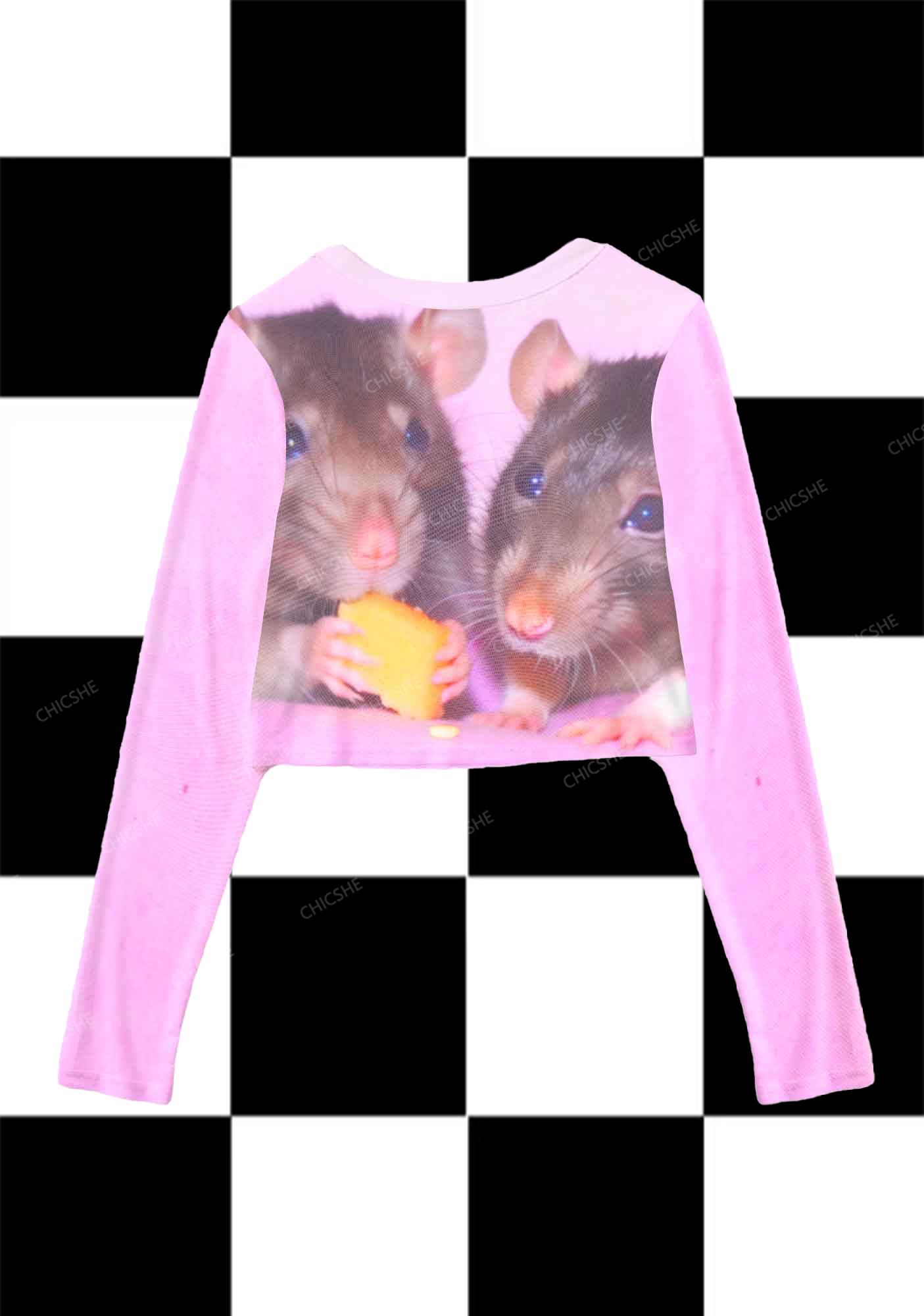 Pink Stealing Mouse Y2K Mesh Long Sleeve Crop Top Chicshe