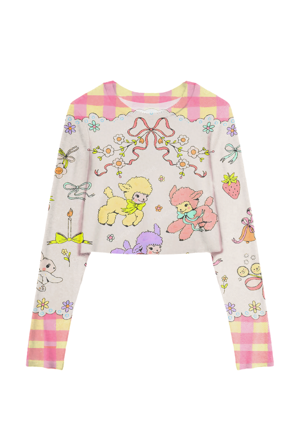 Chicshe Colorful Lamb Plaid Print Y2K Mesh Long Sleeve Crop Top