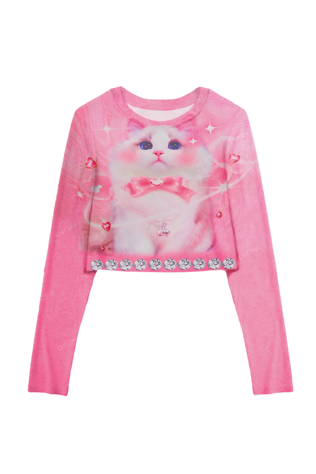 Chicshe Pink Blush Cat Y2K Mesh Long Sleeve Crop Top