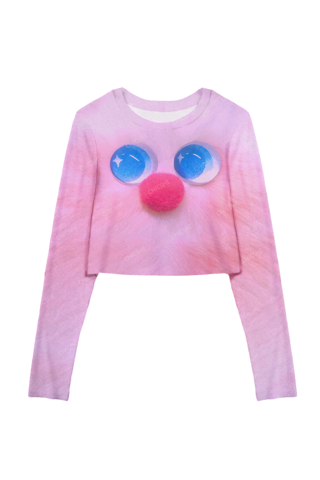 Chicshe Pink Cute Face Y2K Mesh Long Sleeve Crop Top