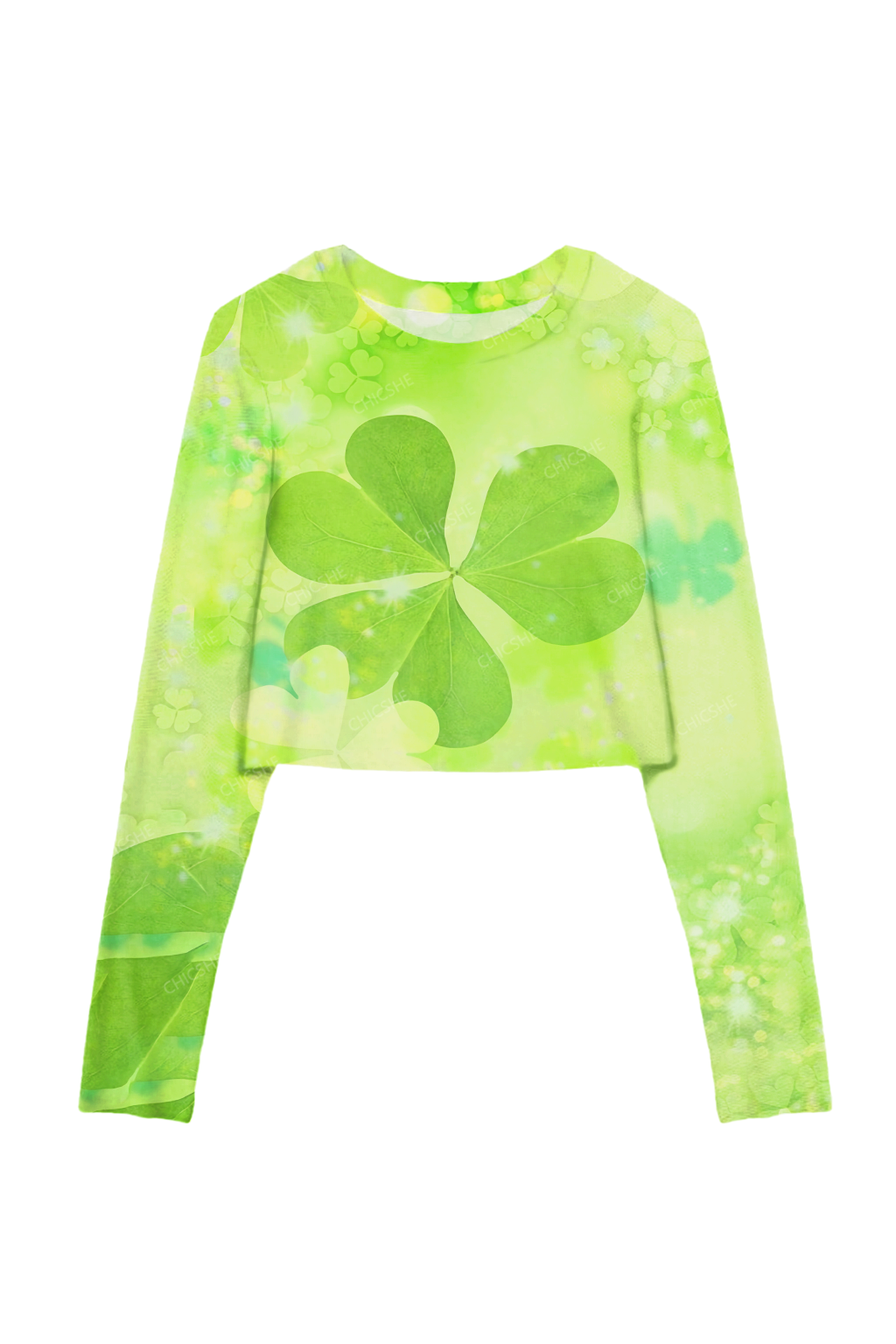 Chicshe Romantic Clover Print Y2K Mesh Long Sleeve Crop Top