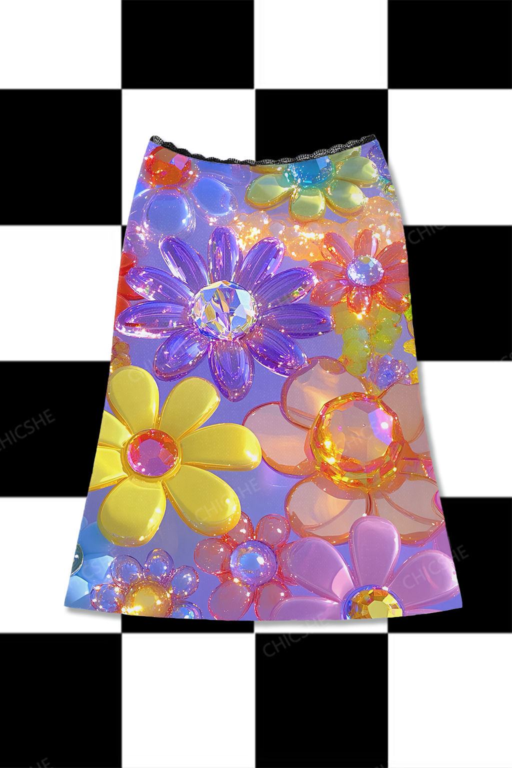 Chicshe Colorful Crystal Flower Print Y2K Print Midi Skirt 