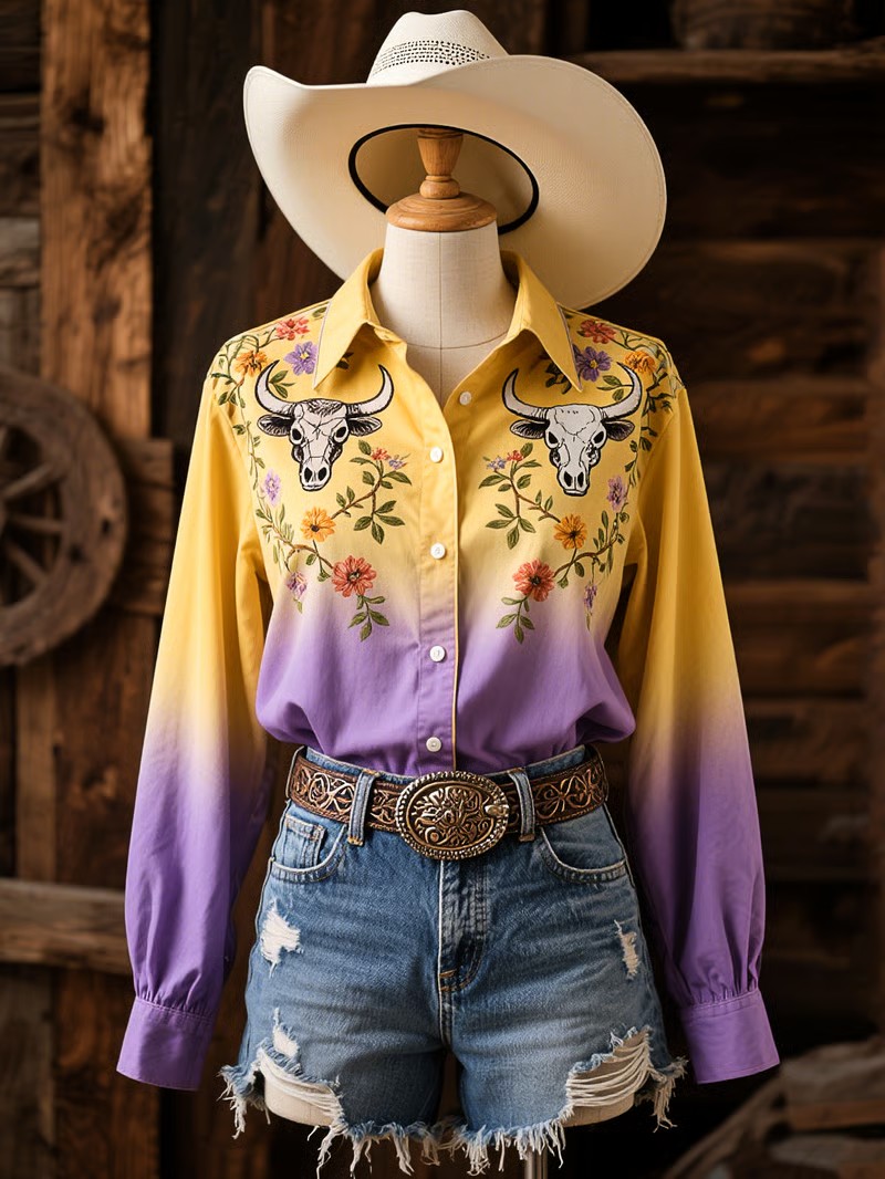 Women's Vintage Western Floral Long Sleeve Shirt