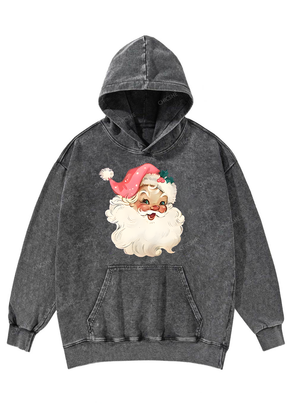 Christmas Pink Santa Y2K Washed Hoodie Chicshe