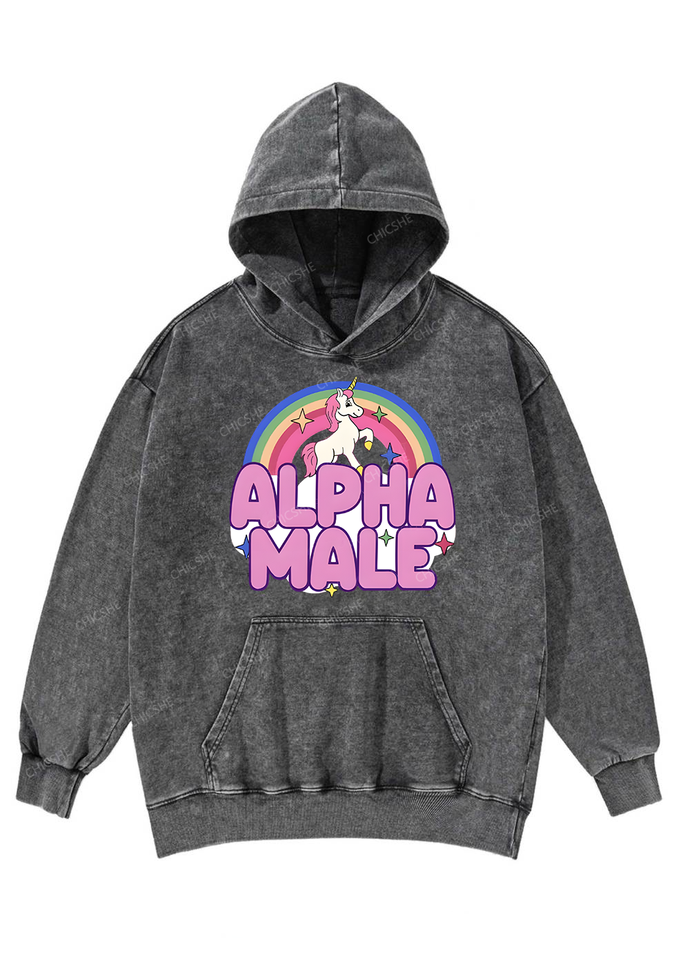 Rainbow Unicorn Alpha Male Y2K Washed Hoodie Chicshe