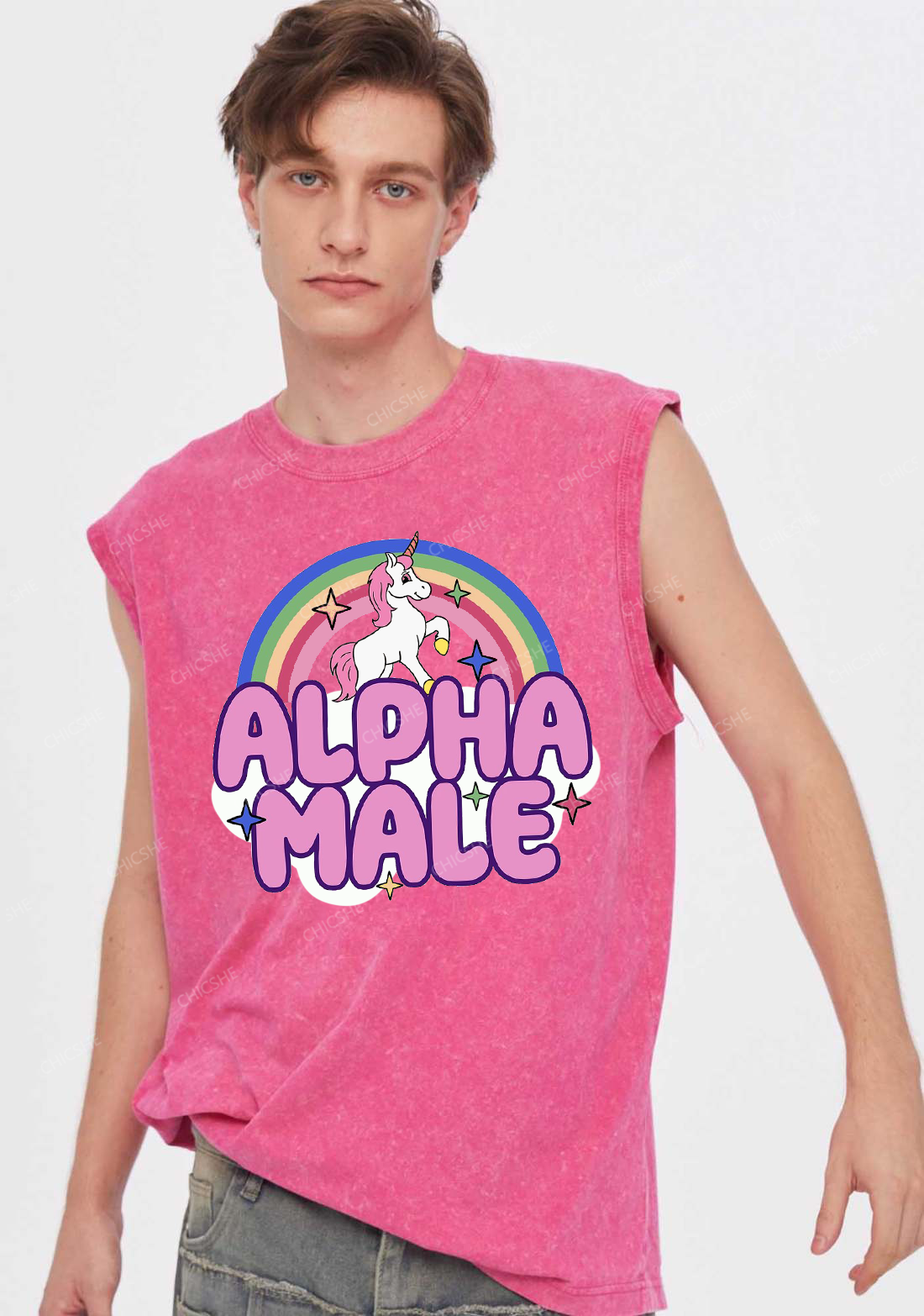 Rainbow Unicorn Alpha Male Y2K Washed Tank Chicshe