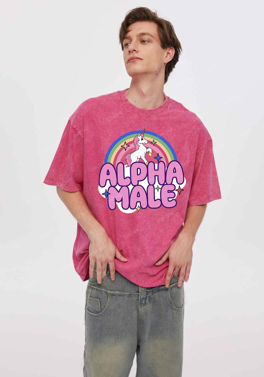 Rainbow Unicorn Alpha Male Y2K Washed Tee Chicshe