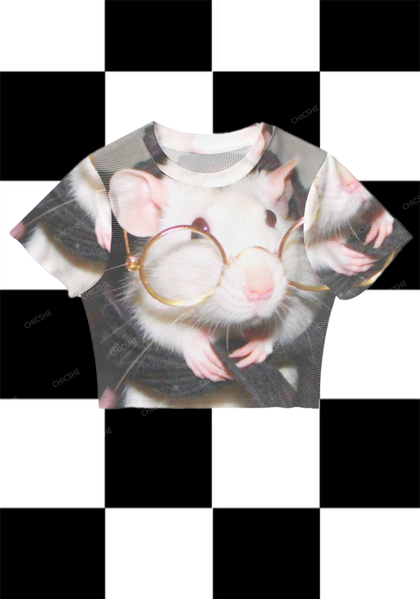 Chicshe Mouse With Glasses Print Y2K  Mesh Crop Top