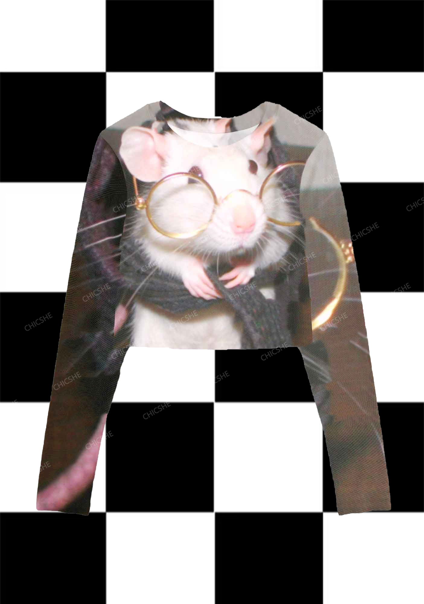 Chicshe Mouse With Glasses Y2K Mesh Long Sleeve Crop Top