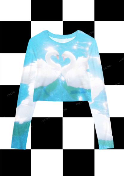 Chicshe Shining Swan Y2K Mesh Long Sleeve Crop Top