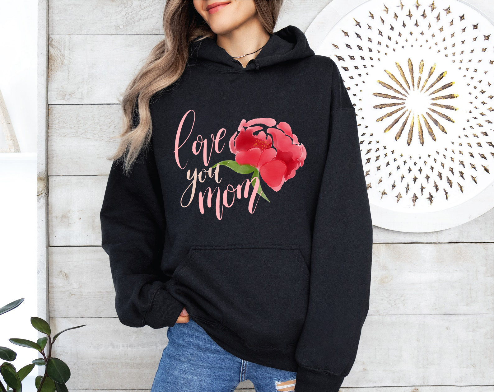 Red Flowers And Love You Mom Text Print Hoodie