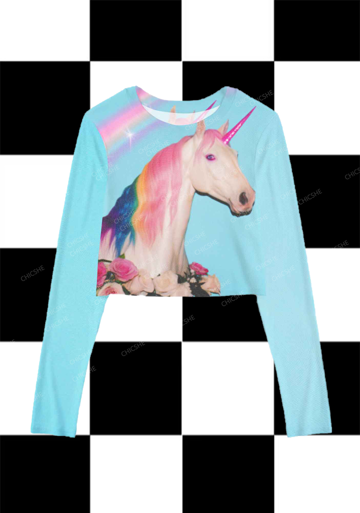 Chicshe Unicorn Y2K Mesh Long Sleeve Crop Top