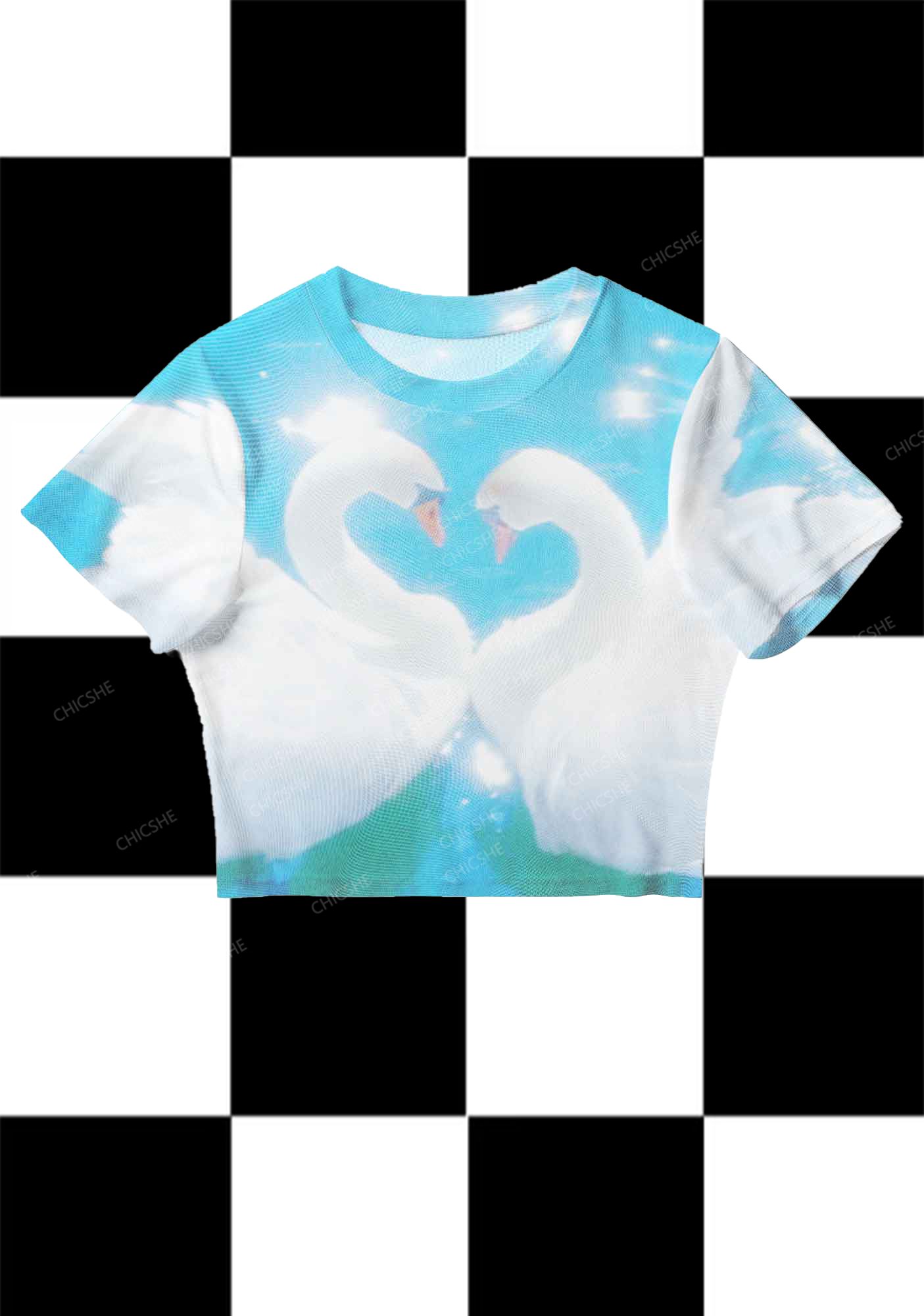Chicshe Shining Swan Print Y2K  Mesh Crop Top