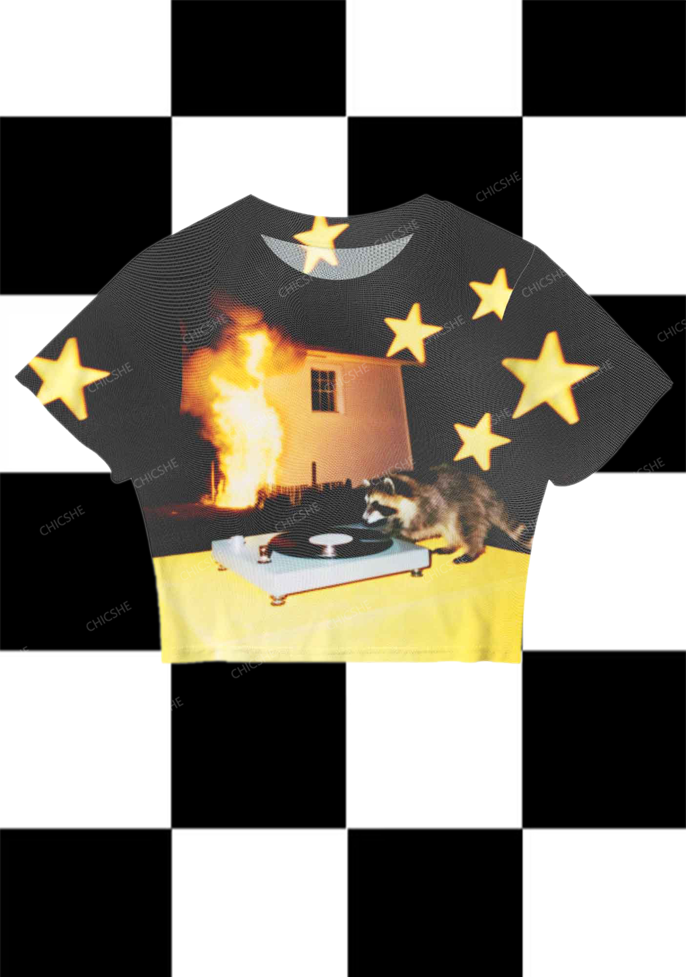 Chicshe Raccoon DJ Print Y2K  Mesh Crop Top