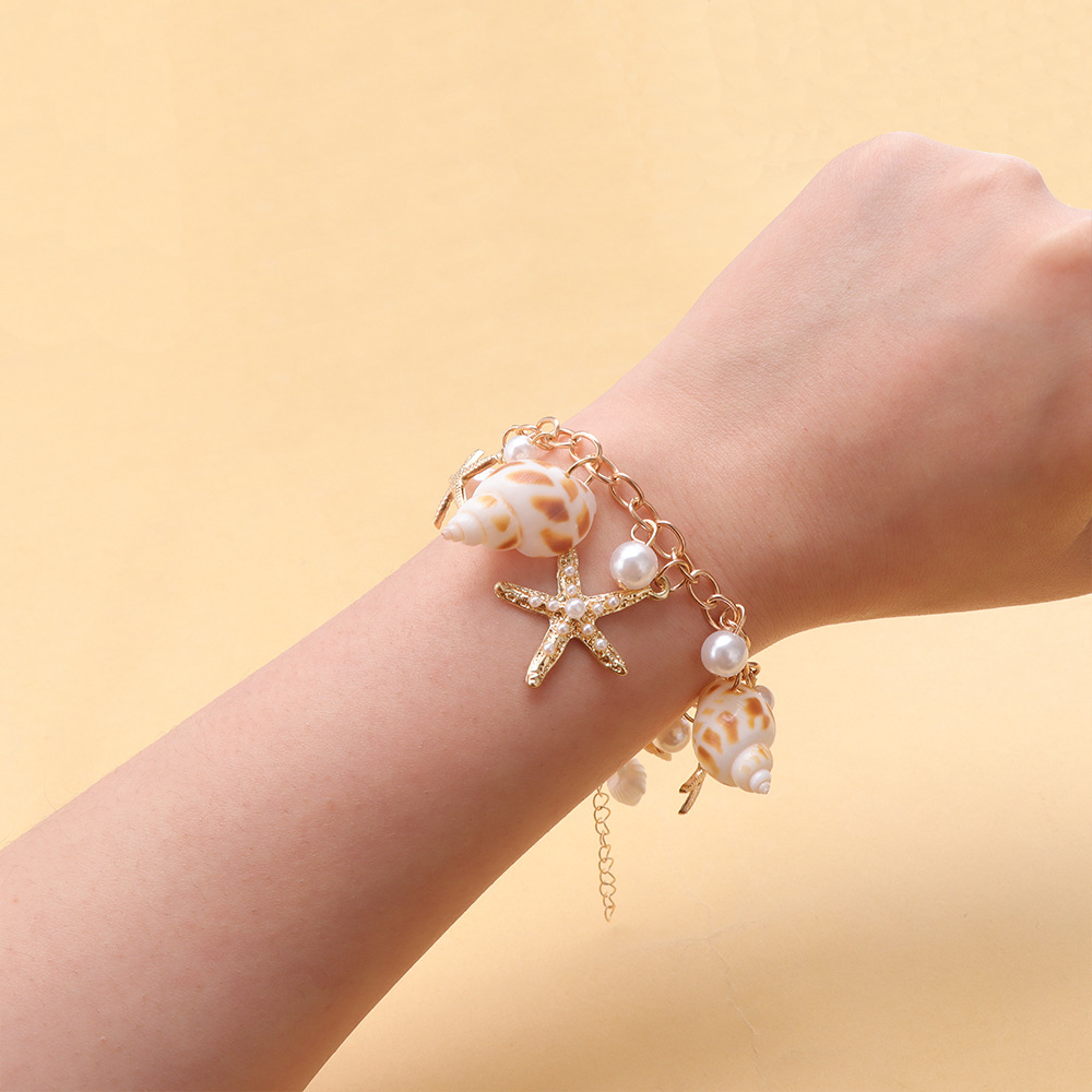 Seaside Imitation Pearl Starfish Conch Pendant Necklace Bracelet
