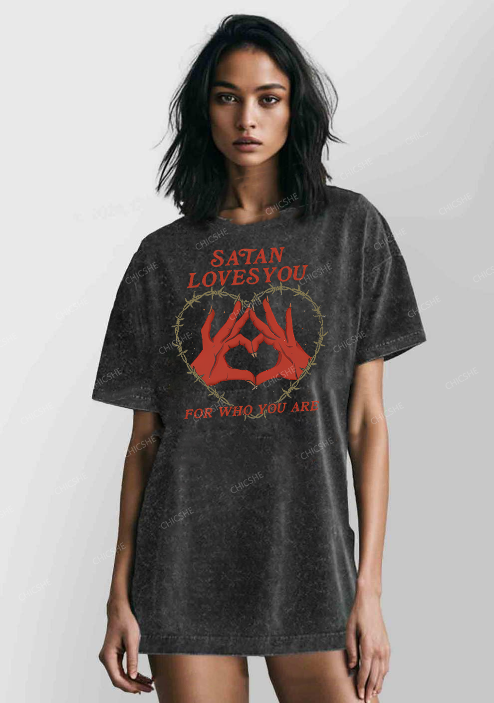 Satan Loves You Heart Halloween Y2K Washed Tee Chicshe