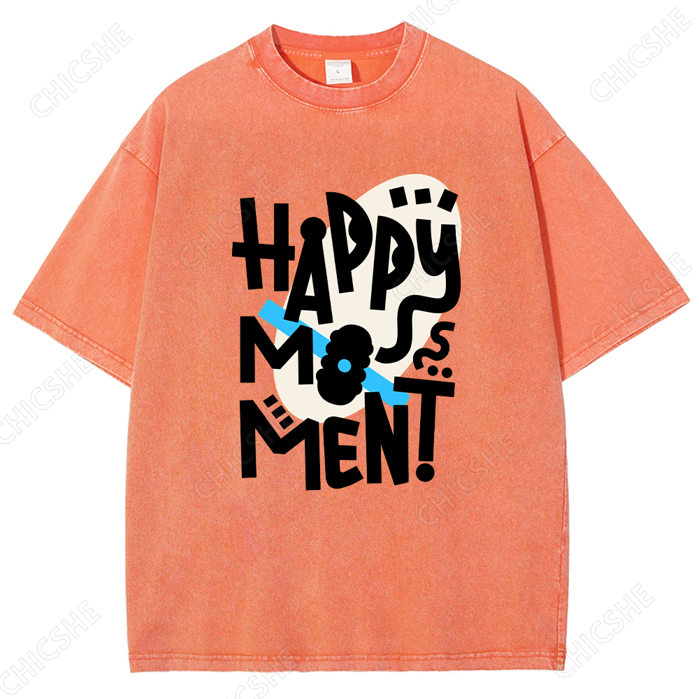 Happy Moment Letter Printed Washed Tee