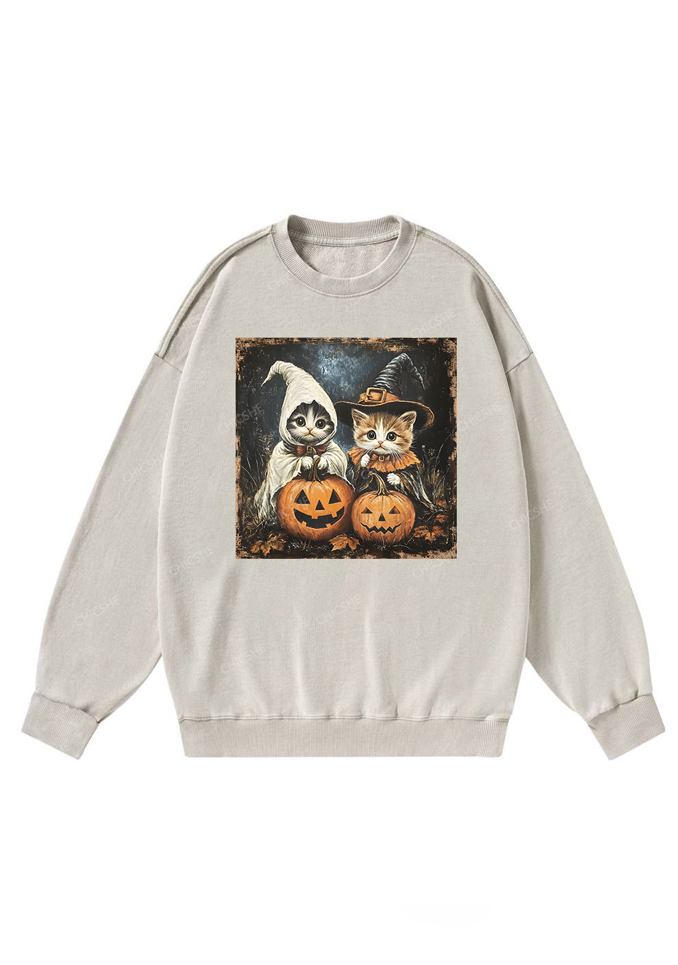 Chicshe Halloween Pumpkin Cat Y2K Washed Sweatshirts 