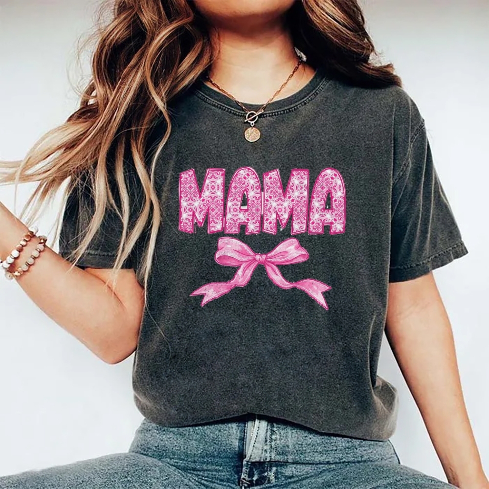 Pink Mom Letter Bow Printed Washed Tee