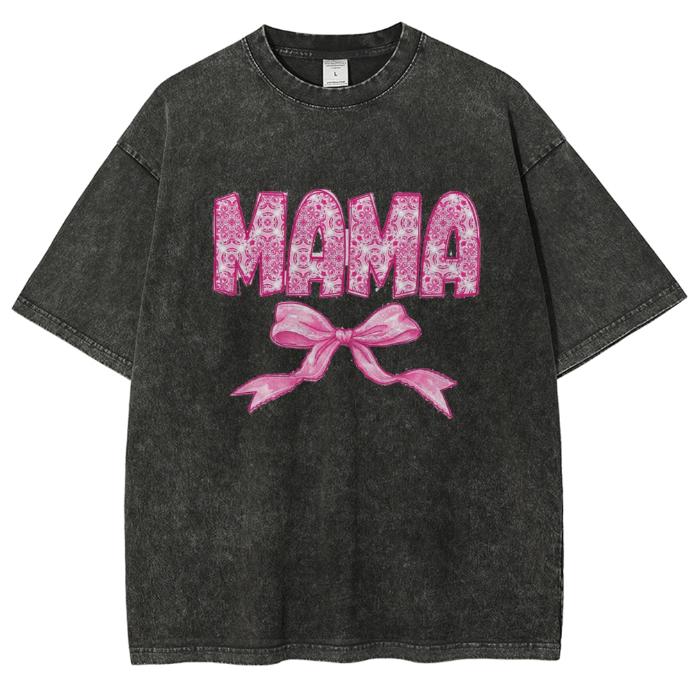 Pink Mom Letter Bow Printed Washed Tee