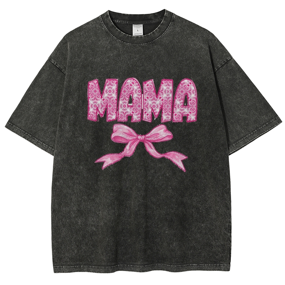 Pink Mom Letter Bow Printed Washed Tee