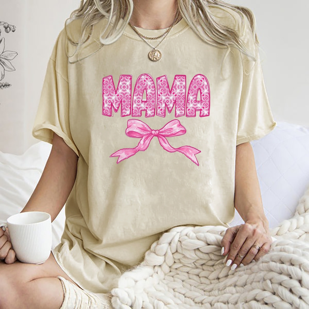 Pink Mom Letter Bow Printed Washed Tee