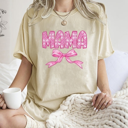 Pink Mom Letter Bow Printed Washed Tee