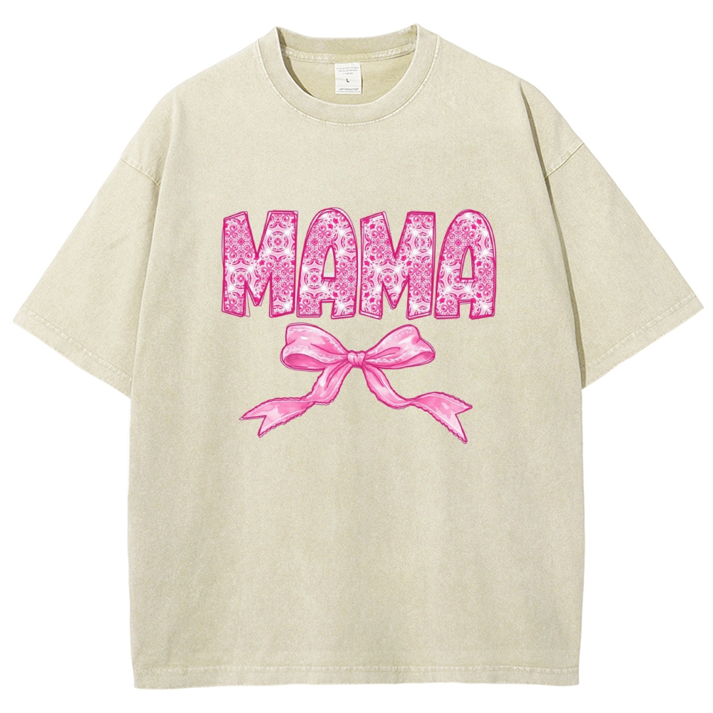 Pink Mom Letter Bow Printed Washed Tee