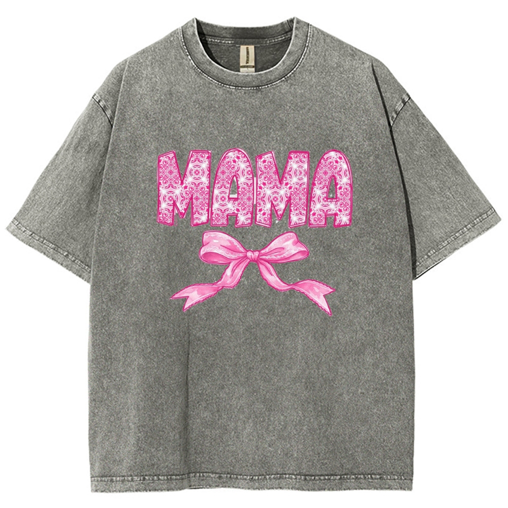 Pink Mom Letter Bow Printed Washed Tee