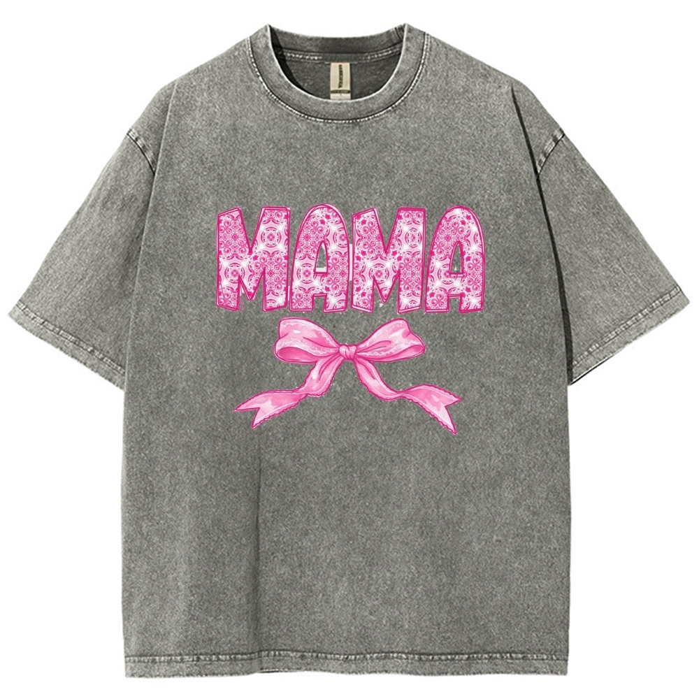 Pink Mom Letter Bow Printed Washed Tee