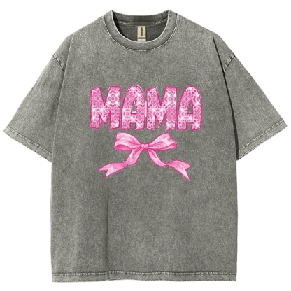 Pink Mom Letter Bow Printed Washed Tee