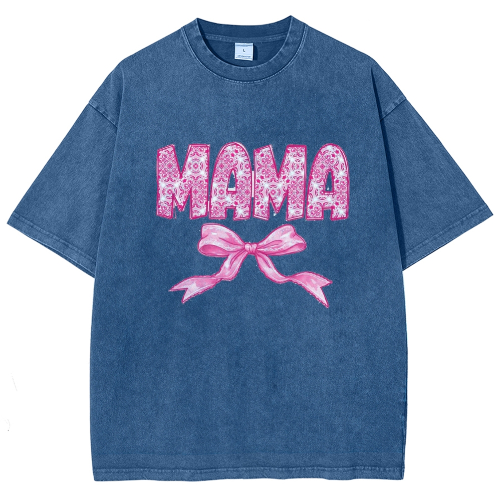 Pink Mom Letter Bow Printed Washed Tee