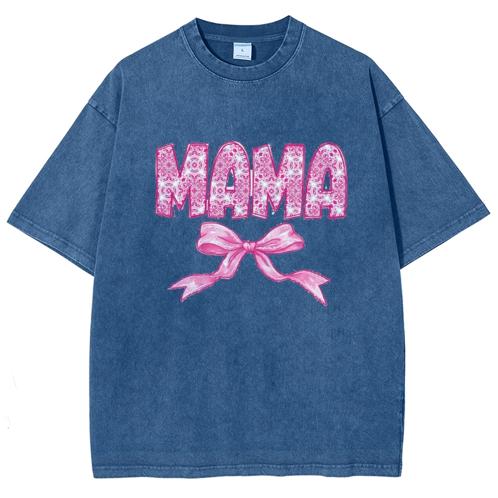 Pink Mom Letter Bow Printed Washed Tee