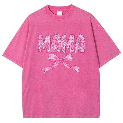 Pink Mom Letter Bow Printed Washed Tee