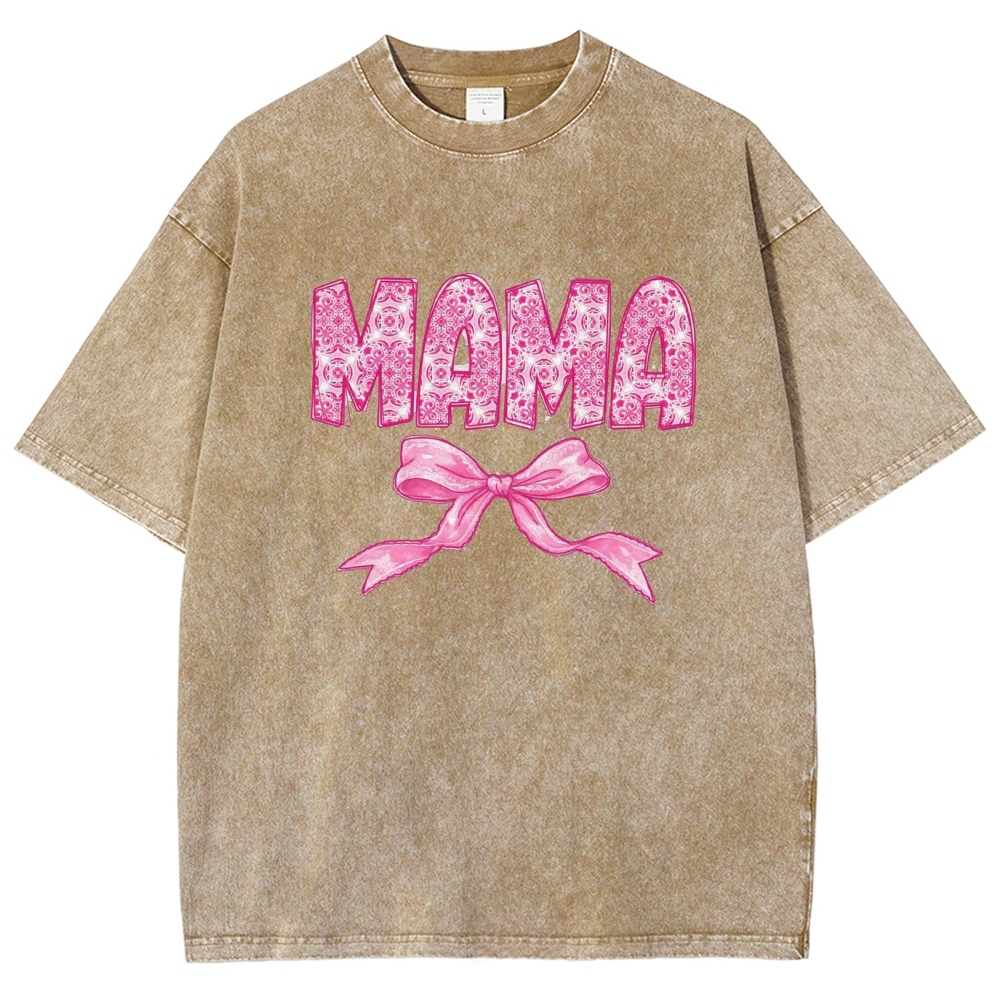 Pink Mom Letter Bow Printed Washed Tee