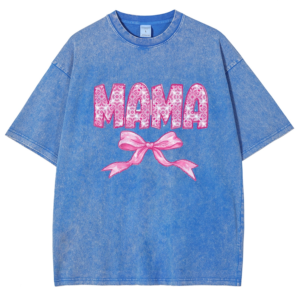 Pink Mom Letter Bow Printed Washed Tee