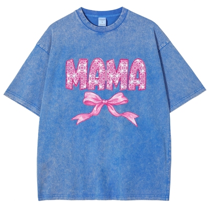 Pink Mom Letter Bow Printed Washed Tee