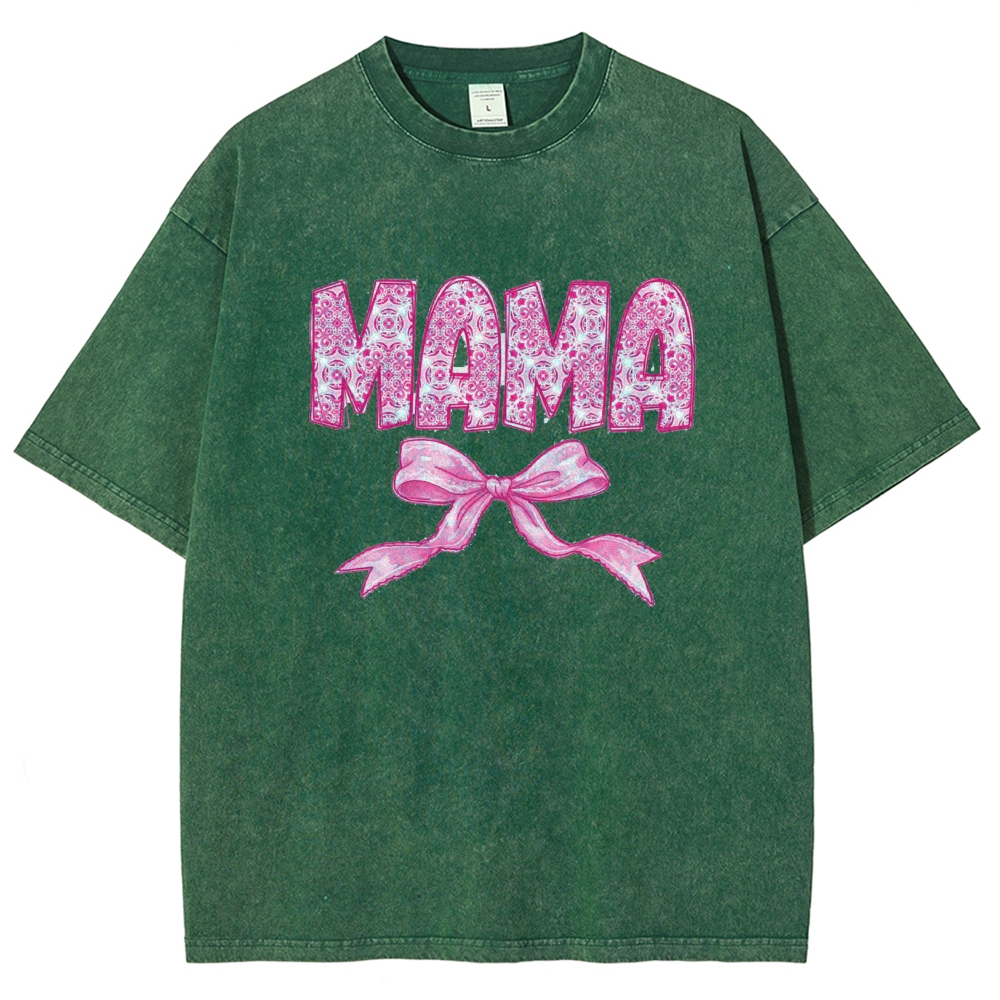 Pink Mom Letter Bow Printed Washed Tee