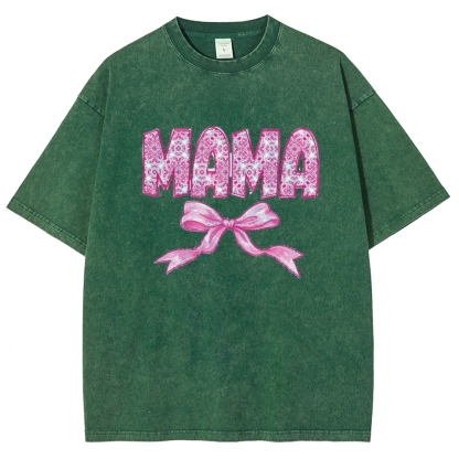 Pink Mom Letter Bow Printed Washed Tee
