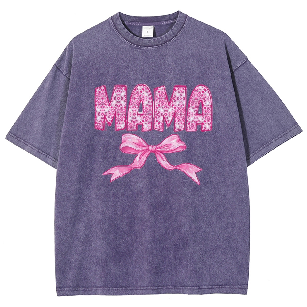 Pink Mom Letter Bow Printed Washed Tee