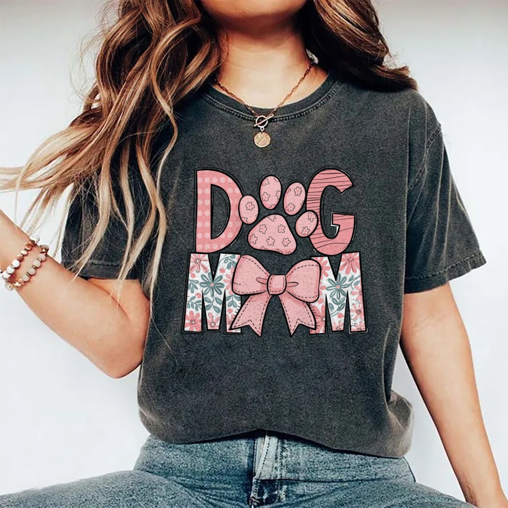 Dog Mom Cartoon Letter Printed Washed Tee