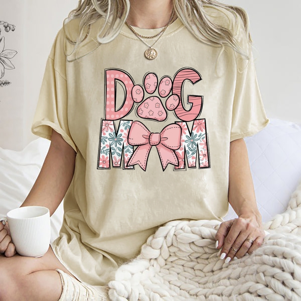 Dog Mom Cartoon Letter Printed Washed Tee